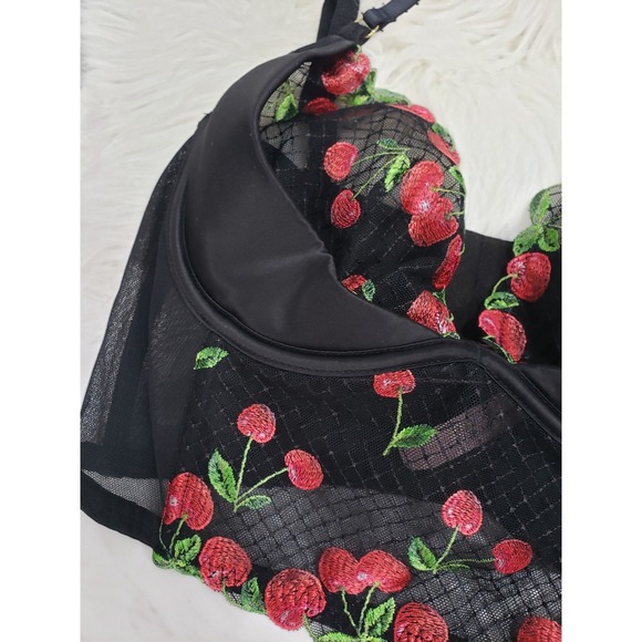 Victorias Secret Very Sexy Cherry Bra Longline Corset Sheer Black Lace Size 32DD - Picture 3 of 7